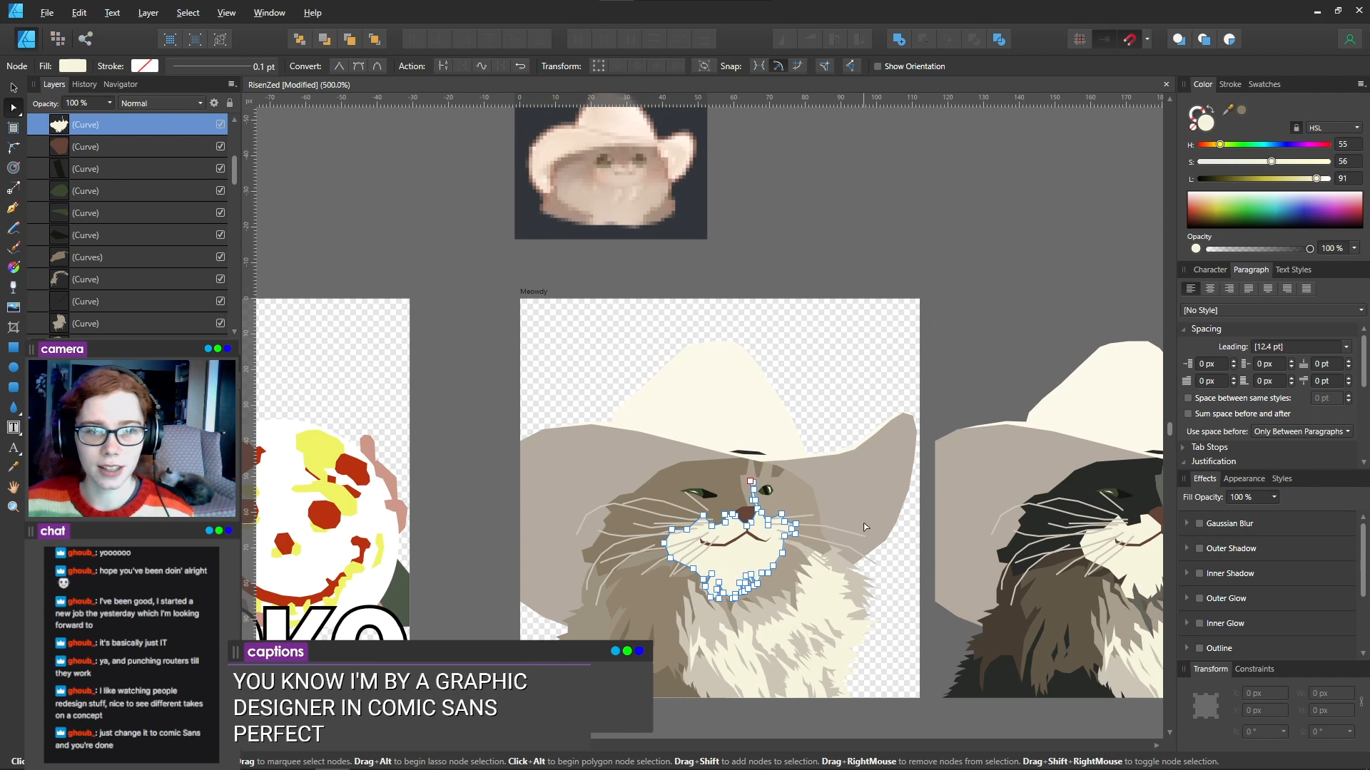 A screenshot of a Twitch stream. On screen is a design software, with the image of a cat wearing a cowboy hat. To one side is Emily, and below her is the Twitch chat and captions.