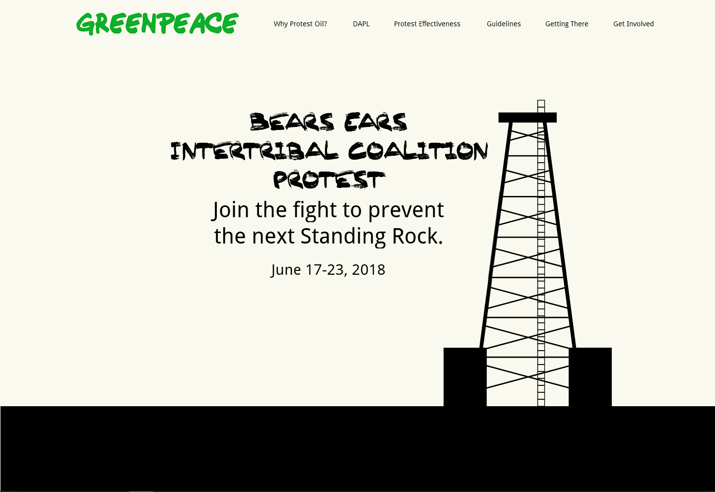 A screenshot of a website with  a cream colored background with marker text advertising the fictitious Bears Ears Intertribal Coalition Protest.